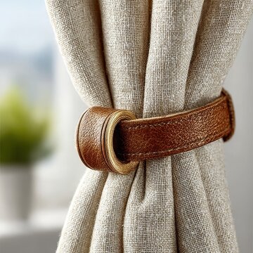 Elegant Linen Curtain with Brown Leather Tieback in Interior Setting