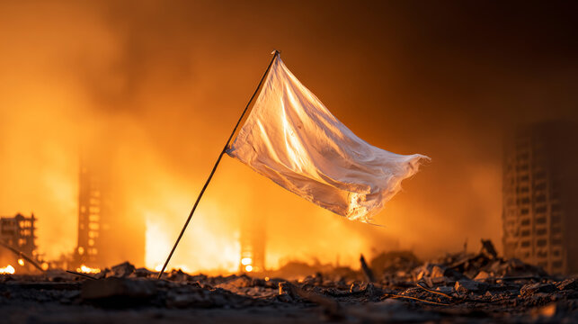 White flag waving in devastated city fire, representing peace, surrender, defeat, and conflict resolution