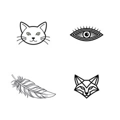 Obraz premium Cat face, all seeing eye, feather, geometric fox head, outline vector icons