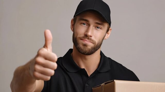 Smiling delivery man giving a thumbs up while holding a cardboard box against a neutral background, conveying positivity and reliability