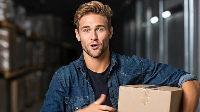 A smiling young man in a blue denim shirt giving a thumbs-up while holding a cardboard box in a warehouse setting