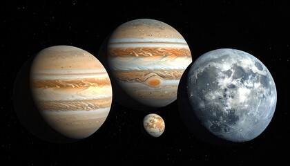 Planets of varying sizes and a moon float against the black cosmos