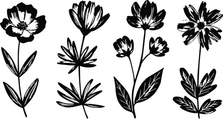 Obraz premium Black floral silhouette vector set with four bold flowers, white background, nature design art