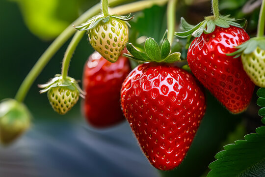 Die Erdbeeren werden langsam reif und rot