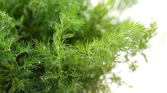 Dill aromatic fresh herbs. Bunch of fresh green dill close-up isolated on white background, rotating condiments. Vegetarian food, organic. Anethum graveolens macro shot. Border design. Slow motion. 