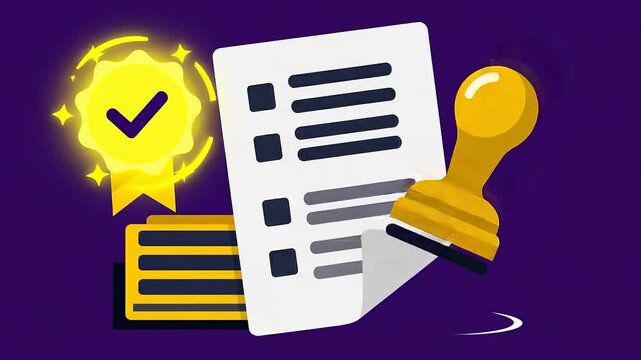 Animated graphic featuring a checklist document with a seal of approval, symbolizing compliance and documentation processes