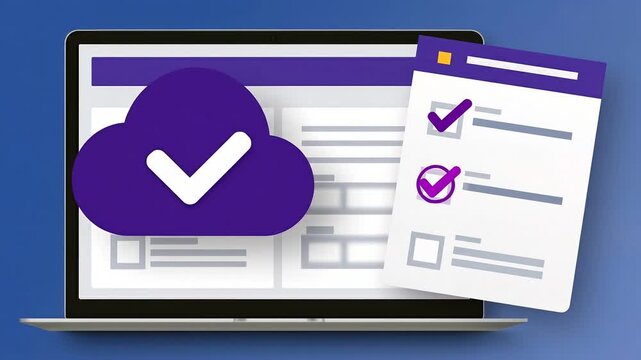 An animated representation of a cloud with a checkmark on a laptop screen displaying a checklist, symbolizing digital verification and efficiency