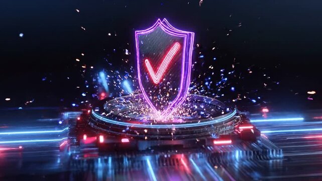 A dynamic digital animation featuring a glowing shield icon with a checkmark amidst bright neon lights and futuristic circuit patterns
