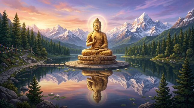 Golden Mahavir Jayanti meditating in profound serenity amidst majestic mountain peaks and a reflective tranquil lake, embodying enlightenment and the harmony of ... 