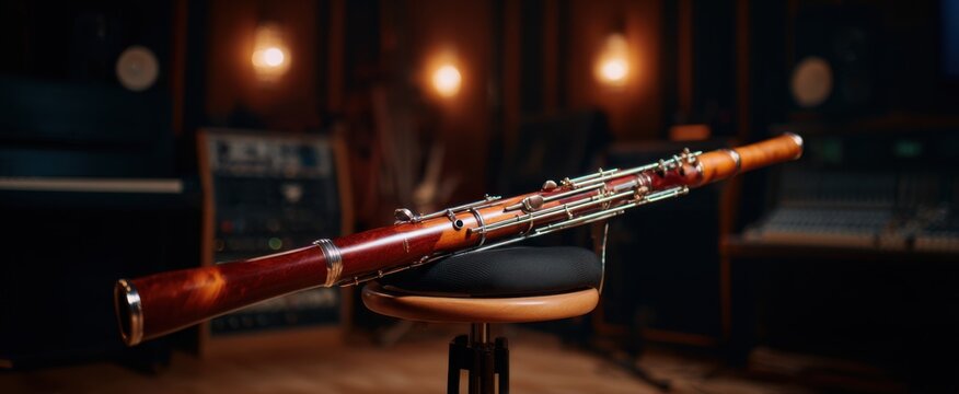 A polished wooden bassoon elegantly displayed on a stand in a vibrant music studio.
