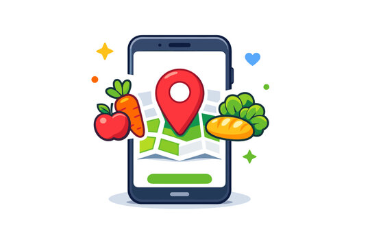 Digital platform for food redistribution a smartphone screen displaying a map pin and fresh produce icons, symbolizing quick connection between donors and