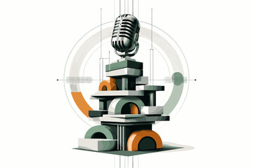 Black and white retro microphone transformed into a surreal stacked structure of abstract blocks and arcs, intersected by vertical lines and circular frames