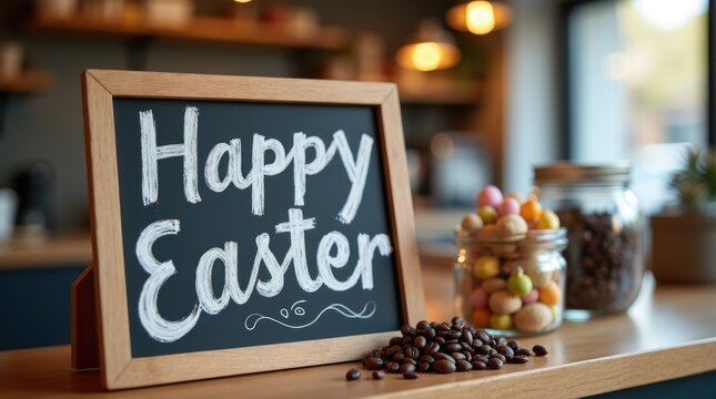 Chalkboard sign with Happy Easter lettering on coffee counter, cafe greeting