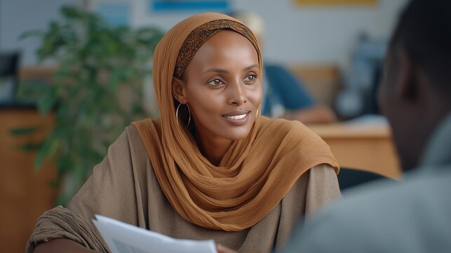 Cultural liaison explains medical terminology to refugee patient during clinic appointment, healthcare provider consulting chart, interpreter facilitating conversation, perfect for language access