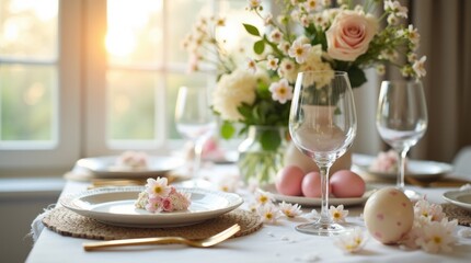 Elegant Easter brunch table with gold cutlery and egg centerpiece, restaurant holiday dining