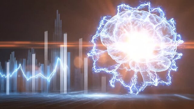 Visual representation of a brain with blue light patterns overlaid on an abstract data visualization, symbolizing intelligence and innovation