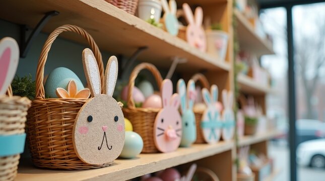 Easter gift basket assortment on wooden shelves, retail gift display