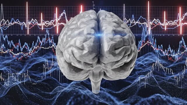 Digital rendering of a human brain amidst fluctuating data graphs and wavy lines, depicting neural connections and data analysis