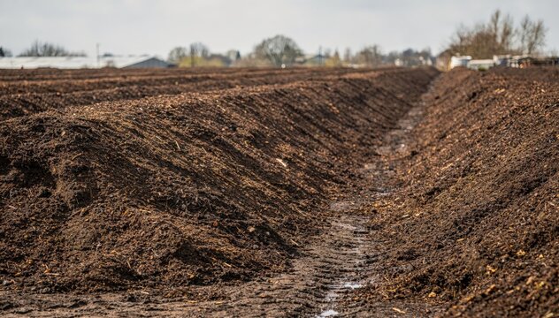Medium shot of windrow rows in compost curing zone focusing on orderly elongated piles aging undisturbed for effective microbial activity and moisture retention.