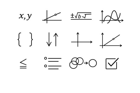 Algebra Formula. Line icon set of Algebra Formula: variable symbols, linear equation, quadratic formula, polynomial curve, brackets, substitution arrows, graph