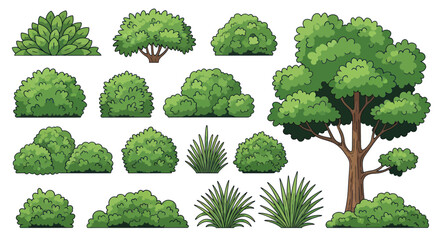 Collection of Diverse Green Bushes and Trees, Isolated on White Background © Roni
