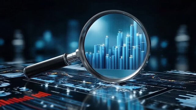 A magnifying glass focusing on blue bar graphs superimposed on a dark digital interface with glowing elements, signifying data analysis