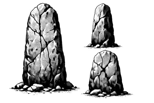 Stone Monolith ? weathered ritual stone. A weathered stone monolith with cracks and erosion depicted as a single object shown in three different