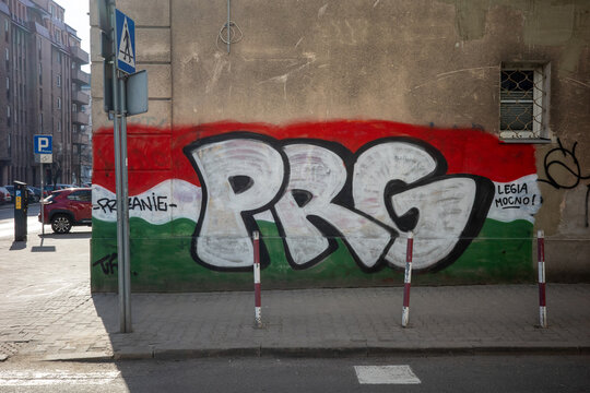 WARSAW, MASOVIAN, POLAND - MARCH 07 2026: Large graffiti with "PRG" text and Legia Warsaw colors.