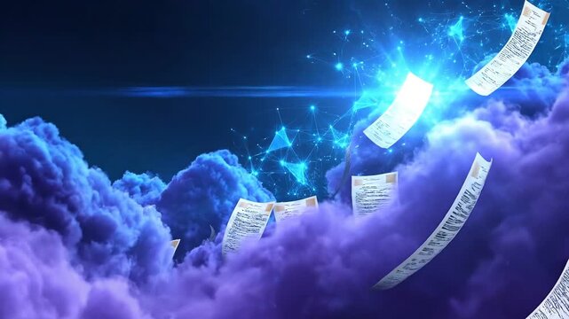 Visual representation of dynamic paper documents swirling through a vibrant purple cloud with glowing blue accents