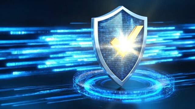 A digital shield with a glowing checkmark on a vibrant blue background depicting security and protection in a technology theme