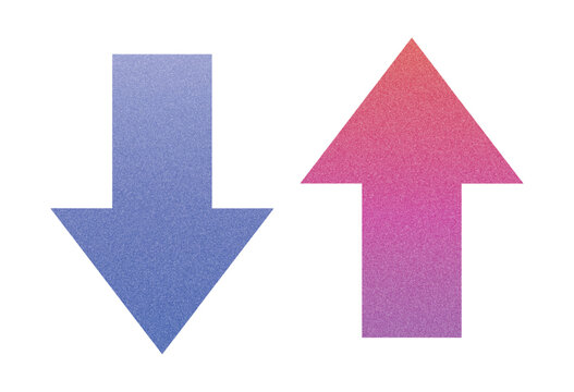 Up and down arrows set with grain texture, flat illustration for direction signs, navigation UI, scroll indicators, increase decrease comparison, sorting icons, and infographic design elements