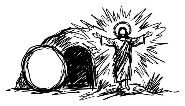Jesus Christ rising from the empty tomb for Easter resurrection in sketch style