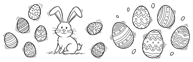Easter bunny sitting among many decorated eggs hand drawn doodle style