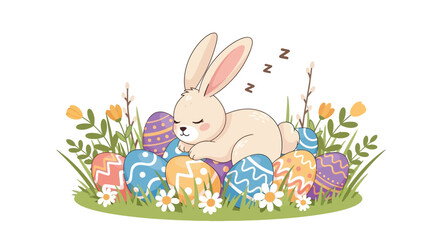 Fototapeta premium Sleeping little bunny on colorful easter eggs in a spring meadow