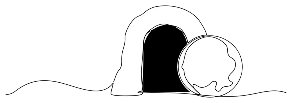 Empty tomb and rolled stone for Jesus resurrection theme in continuous line drawing style