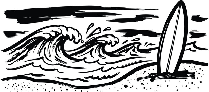 Black surfboard silhouette vector with ocean waves, white sky clouds, bold beach design art