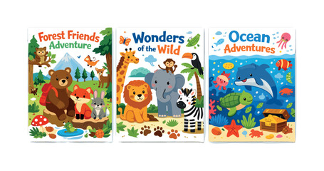Fototapeta premium Cute cartoon animals in forest, savanna, and ocean adventures for children