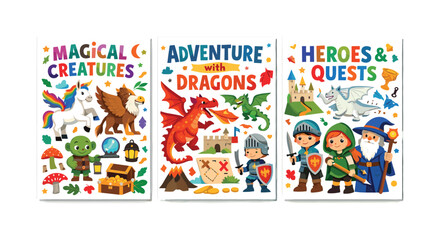 Fototapeta premium Fantasy adventure illustrations with mythical creatures, knights, and dragons