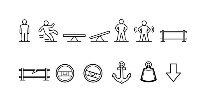 Collection of simple line icons representing balance, weight, and stability concepts