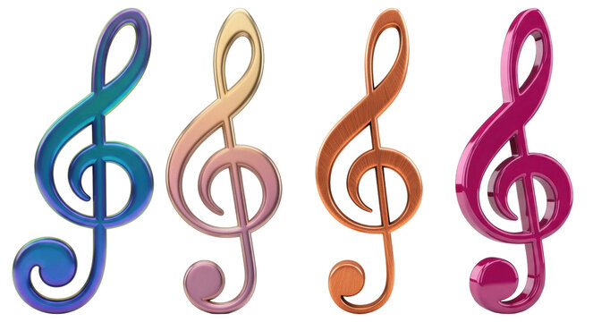 A stunning render featuring four metallic treble clefs in vibrant, iridescent colors.