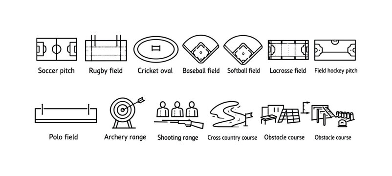 Collection of sport fields and activity areas icons in a clean line art style