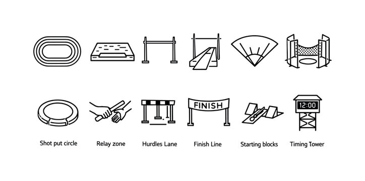 Collection of track and field sports icons representing competition and athletic events