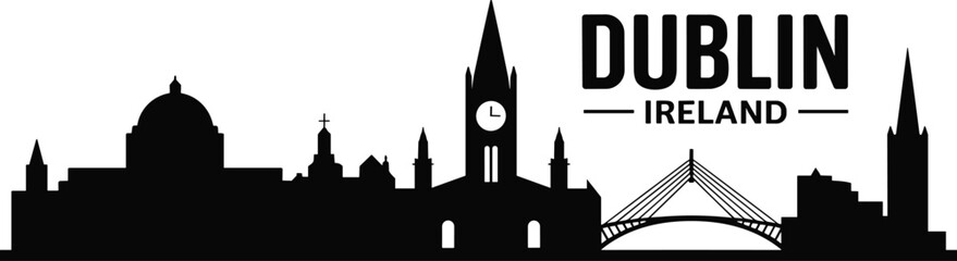 Black and white Dublin Ireland city skyline silhouette illustration featuring iconic landmarks, bridge, churches, domes, and bold typography design © anisur-creatives
