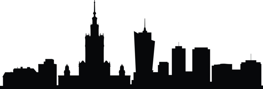 Warsaw city skyline silhouette vector illustration featuring Palace of Culture and Science, modern towers, historic architecture, urban travel heritage concept