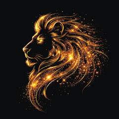 Majestic golden lion head silhouette with glowing mane on a black background. Luxury vector illustration with sparkling particles and magical golden light effects. © Elmar