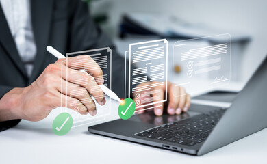 Businessman completes document approval and verification with a digital signature, representing...