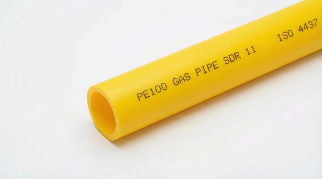 High-quality yellow PE100 gas pipe, indicating SDR 11 and ISO 4437 standards.