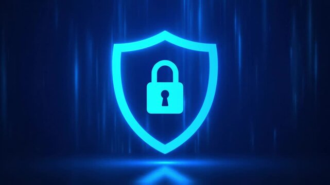 Glowing blue digital shield with padlock icon representing cybersecurity, data protection, internet privacy, and secure network access on a dark background with vertical light streaks for
