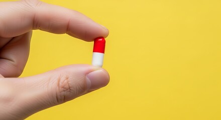 Closeup of hand holding small red and white medical capsule between thumb and index finger