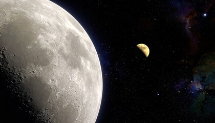 Naklejka premium Large moon and smaller celestial body in a vast, colorful nebula